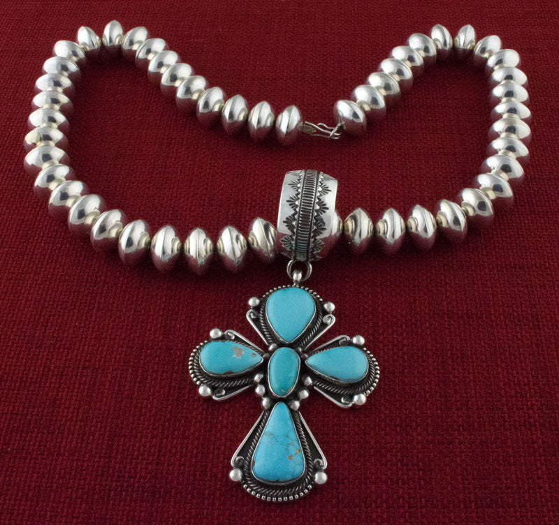 Handmade Sterling Silver Bead Necklace With High Grade Natural Royal Blue Turquoise Cross Pendant