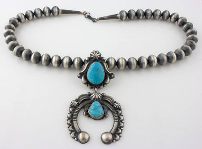 Handmade Sterling Silver Bead Necklace With Natural Kingman Turquoise Naja Pendant