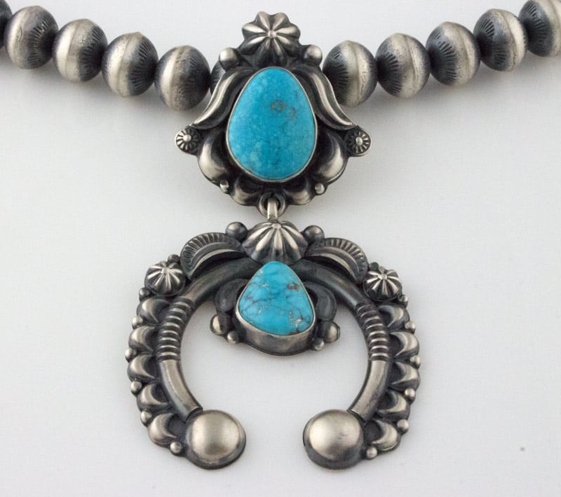 Handmade Sterling Silver Bead Necklace With Natural Kingman Turquoise Naja Pendant