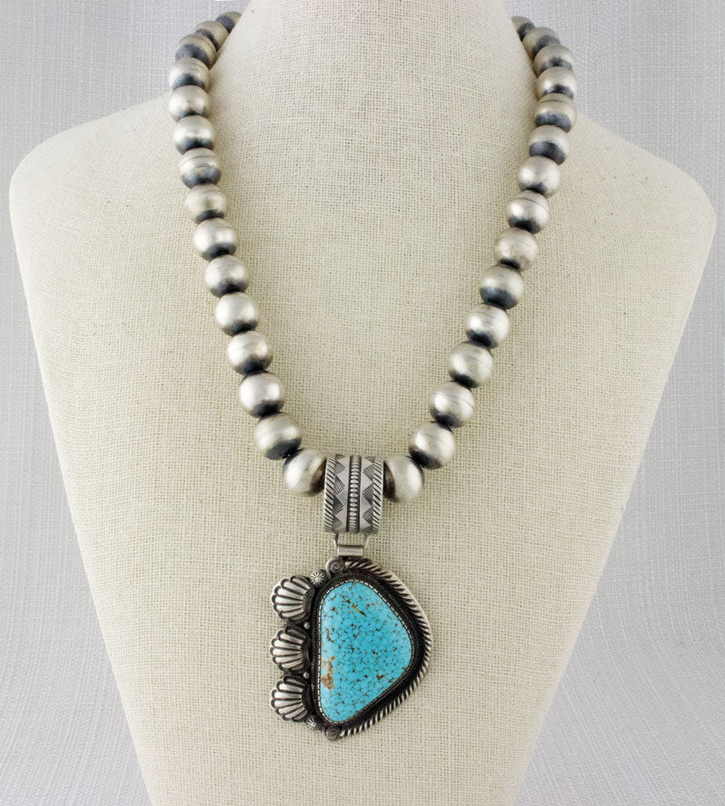 Handmade Sterling Silver Bead Necklace With Natural Kingman Web Turquoise Pendant