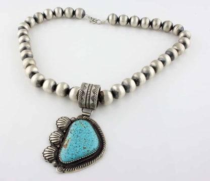 Handmade Sterling Silver Bead Necklace With Natural Kingman Web Turquoise Pendant