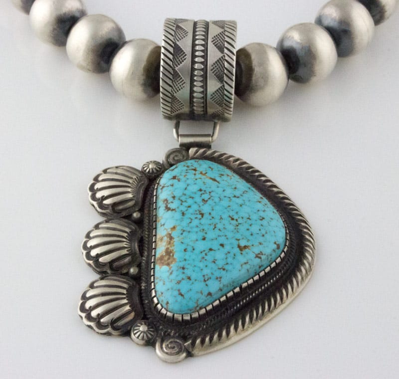 Handmade Sterling Silver Bead Necklace With Natural Kingman Web Turquoise Pendant