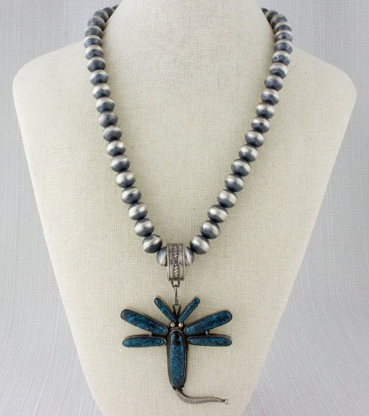 Handmade Sterling Silver Bead Necklace With Natural China Mountain Turquoise Dragonfly Pendant