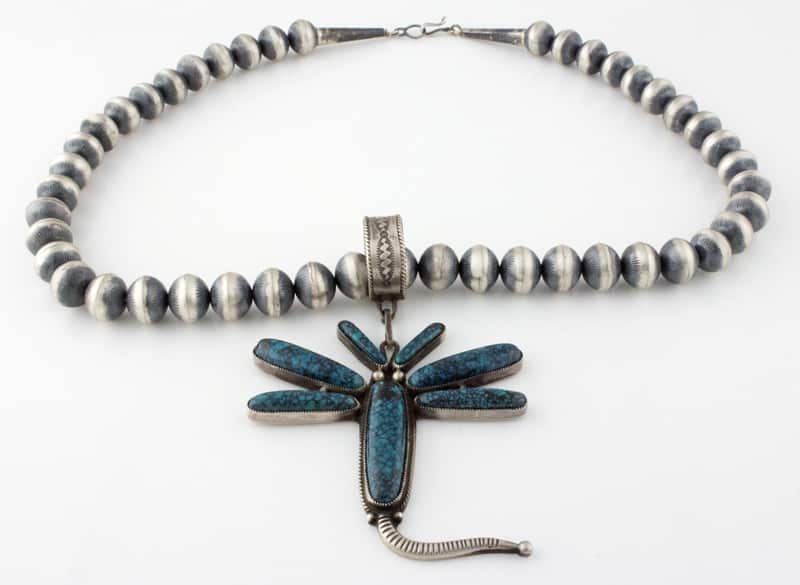 Handmade Sterling Silver Bead Necklace With Natural China Mountain Turquoise Dragonfly Pendant