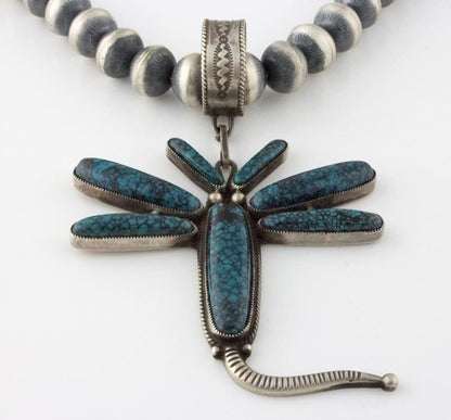 Handmade Sterling Silver Bead Necklace With Natural China Mountain Turquoise Dragonfly Pendant