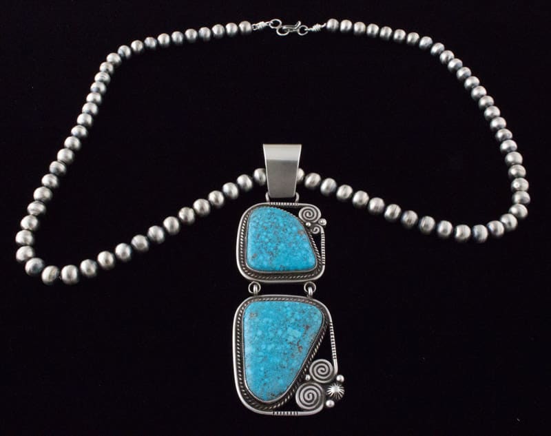 Handmade Sterling Silver Bead Necklace With Natural Morenci Web Turquoise Pendant