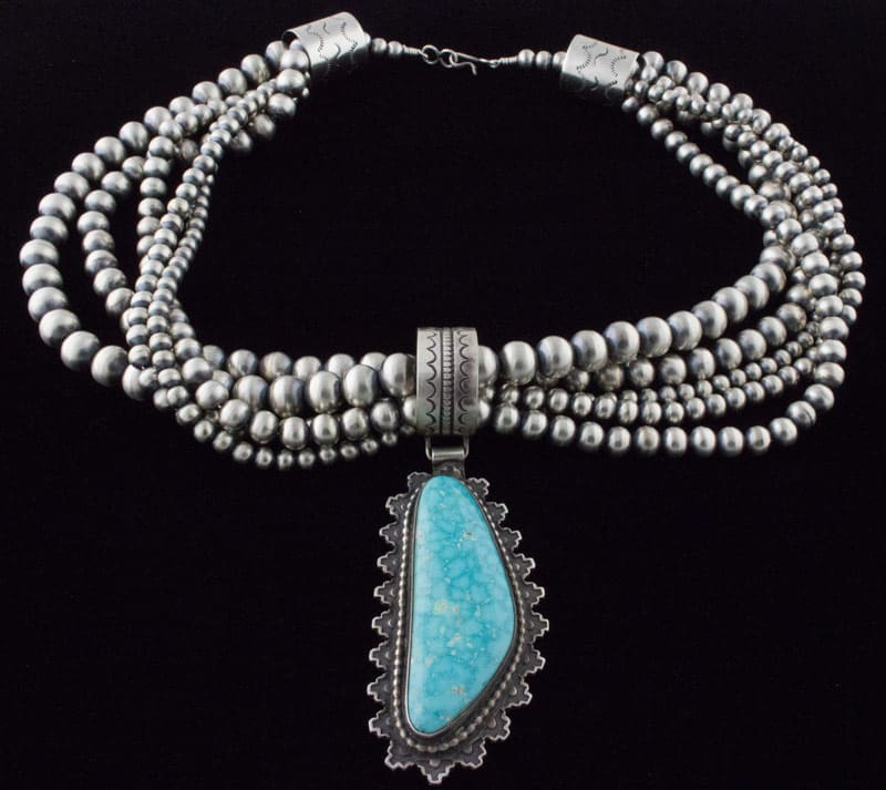 Handmade 5-Strand Sterling Silver Bead Necklace With Natural Birdseye Kingman Turquoise Pendant