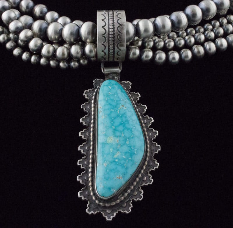 Handmade 5-Strand Sterling Silver Bead Necklace With Natural Birdseye Kingman Turquoise Pendant