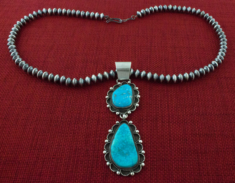 Collier en perles en argent sterling fait main avec pendentif en turquoise Birdseye Kingman naturel