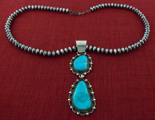 Handmade Sterling Silver Bead Necklace With Natural Birdseye Kingman Turquoise Pendant