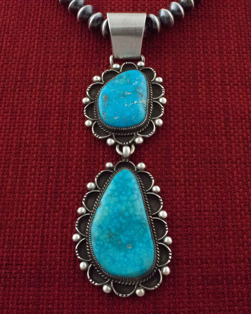 Handmade Sterling Silver Bead Necklace With Natural Birdseye Kingman Turquoise Pendant