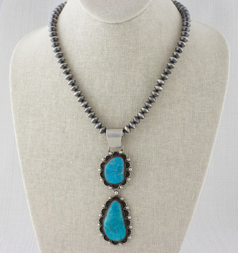 Handmade Sterling Silver Bead Necklace With Natural Birdseye Kingman Turquoise Pendant