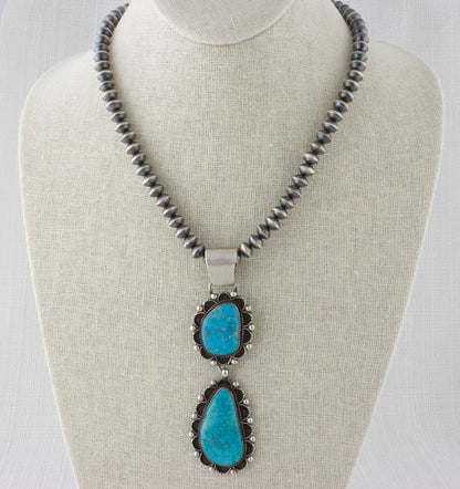 Collier en perles en argent sterling fait main avec pendentif en turquoise Birdseye Kingman naturel