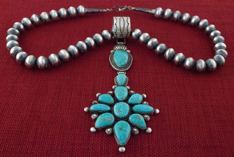 Handmade Sterling Silver Bead Necklace With Natural Birdseye Kingman Turquoise Cluster Pendant