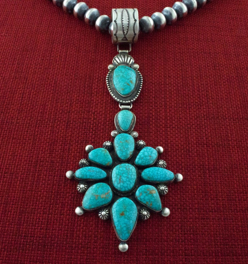 Handmade Sterling Silver Bead Necklace With Natural Birdseye Kingman Turquoise Cluster Pendant