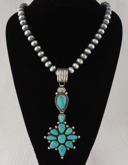 Handmade Sterling Silver Bead Necklace With Natural Birdseye Kingman Turquoise Cluster Pendant