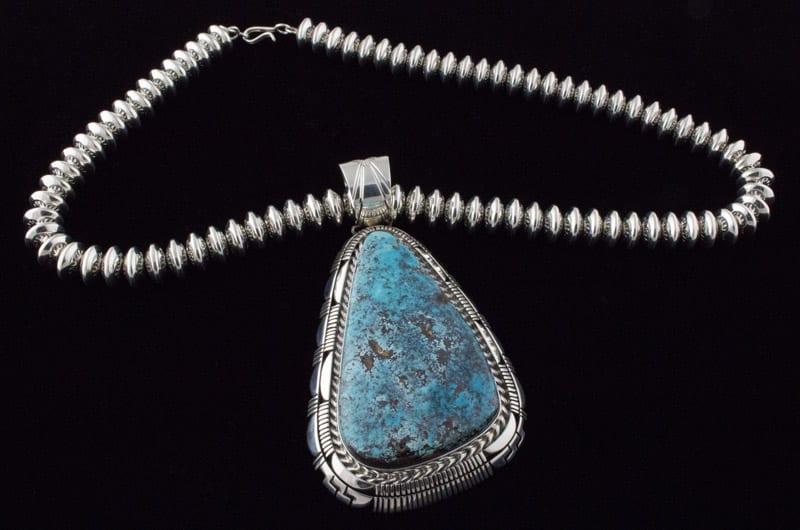 Handmade Sterling Silver Bead Necklace With Natural Candelaria Turquoise Pendant