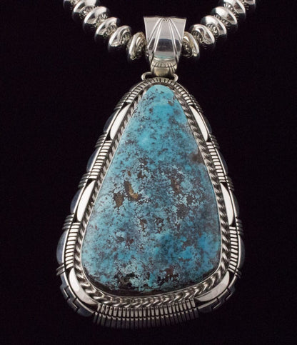 Handmade Sterling Silver Bead Necklace With Natural Candelaria Turquoise Pendant