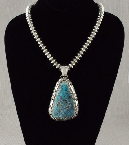 Handmade Sterling Silver Bead Necklace With Natural Candelaria Turquoise Pendant