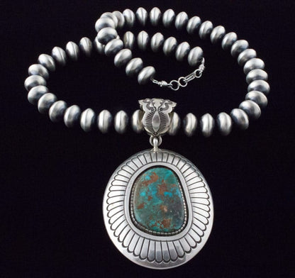 Handmade Sterling Silver Bead Necklace With Natural Easter Blue Turquoise Pendant