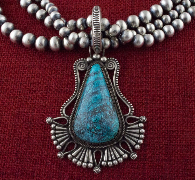 Handmade 3-Strand Sterling Silver Bead Necklace With Natural Chrysocolla Pendant