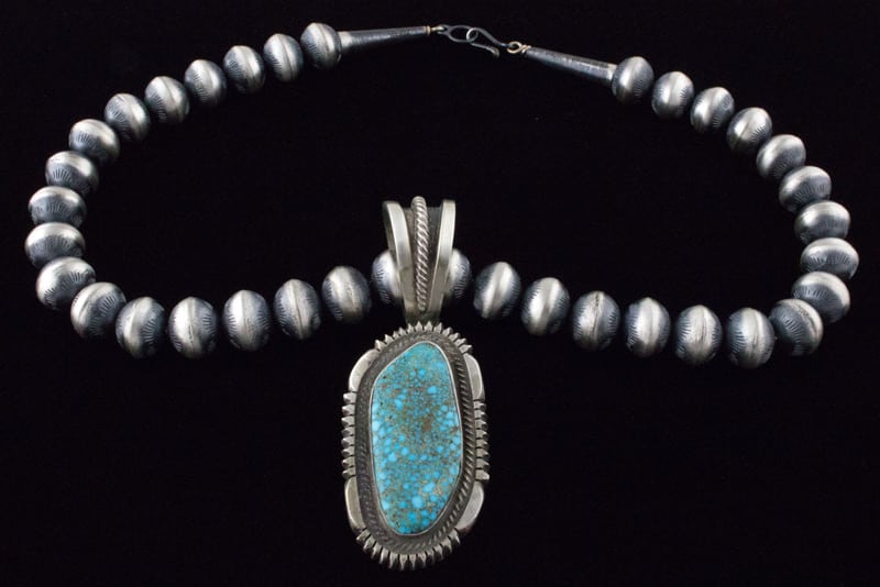 Handmade Sterling Silver Bead Necklace With Natural Kingman Web Turquoise Pendant