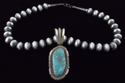 Handmade Sterling Silver Bead Necklace With Natural Kingman Web Turquoise Pendant