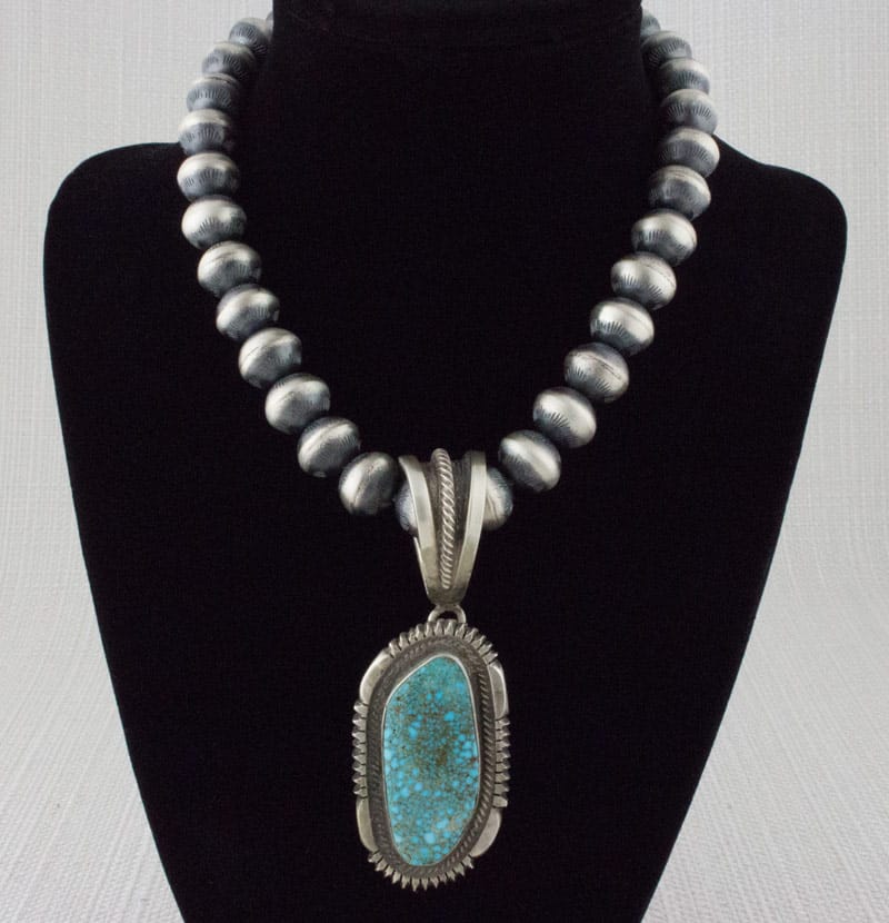 Handmade Sterling Silver Bead Necklace With Natural Kingman Web Turquoise Pendant