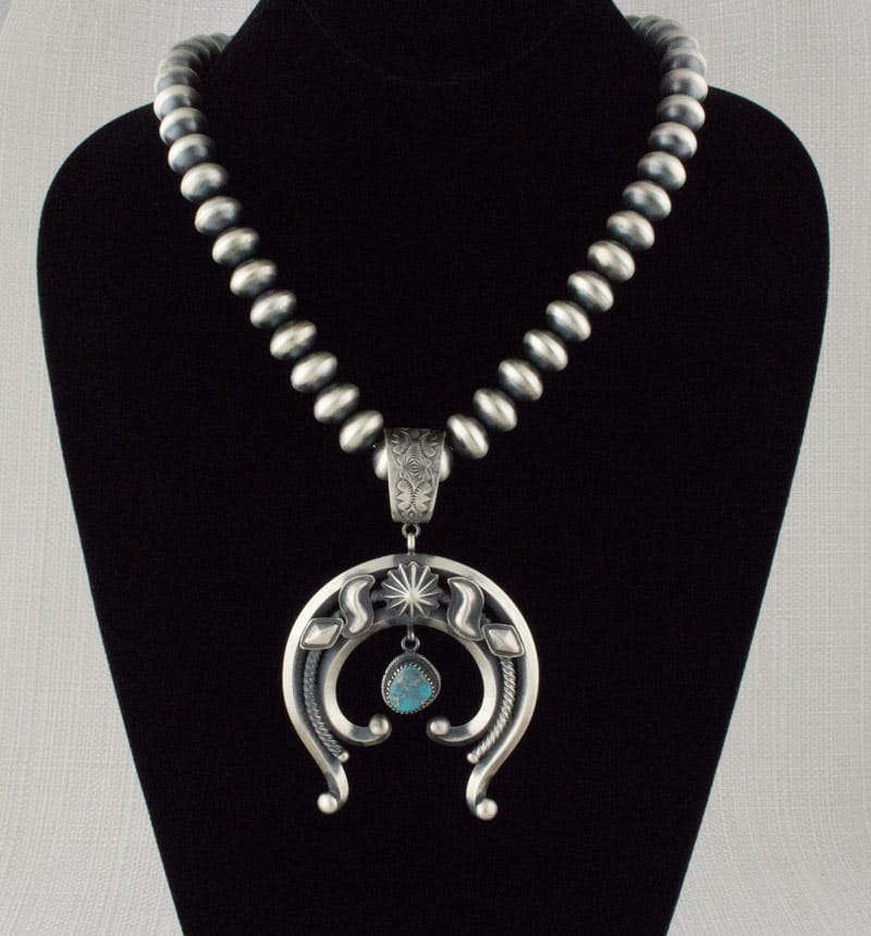 Handmade Sterling Silver Bead Necklace With Natural Royston Turquoise Naja Pendant