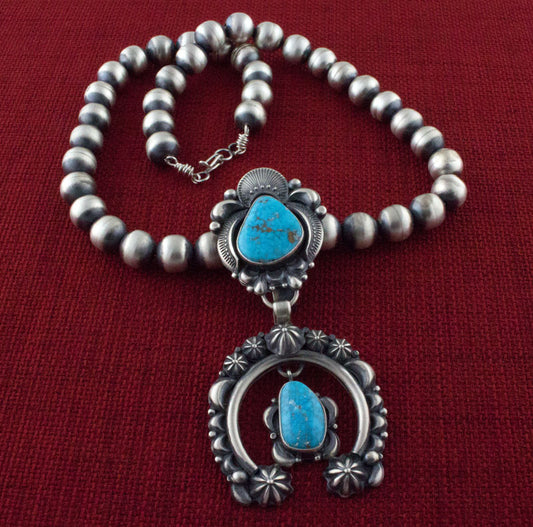 Handmade Sterling Silver Bead Necklace With Natural Kingman Web Turquoise Naja Pendant