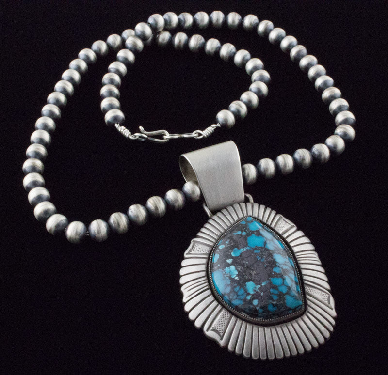 Handmade Sterling Silver Bead Necklace With Natural China Mountain Turquoise Pendant