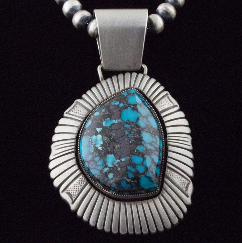 Handmade Sterling Silver Bead Necklace With Natural China Mountain Turquoise Pendant