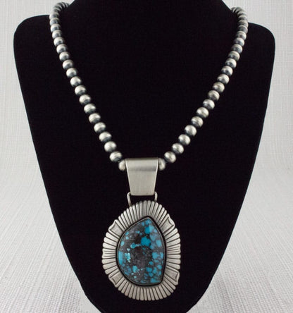 Handmade Sterling Silver Bead Necklace With Natural China Mountain Turquoise Pendant