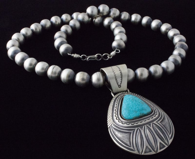 Handmade Sterling Silver Bead Necklace With Natural Birdseye Kingman Turquoise Pendant