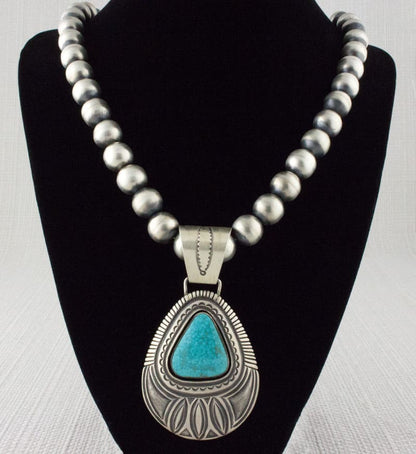 Handmade Sterling Silver Bead Necklace With Natural Birdseye Kingman Turquoise Pendant