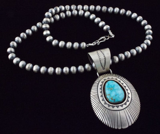 Handmade Sterling Silver Bead Necklace With Natural Kingman Water Web Turquoise Pendant