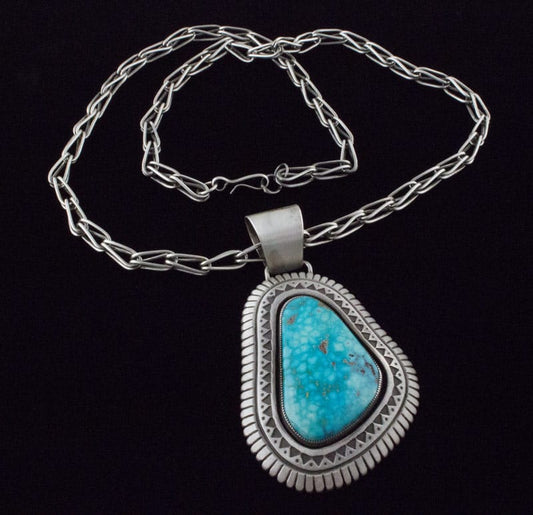 Handmade Sterling Silver Link Chain Necklace With Natural Birdseye Kingman Turquoise Pendant