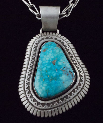 Handmade Sterling Silver Link Chain Necklace With Natural Birdseye Kingman Turquoise Pendant