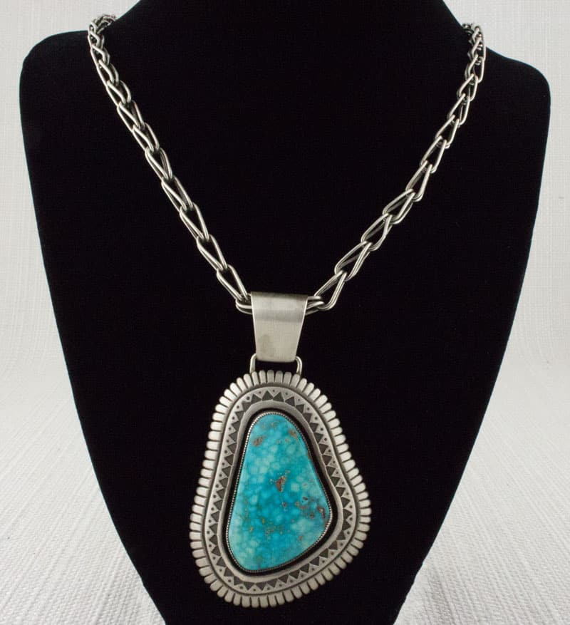 Handmade Sterling Silver Link Chain Necklace With Natural Birdseye Kingman Turquoise Pendant