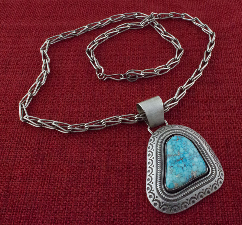 Handmade Sterling Silver Chain Link Necklace With Natural Birdseye Turquoise Pendant