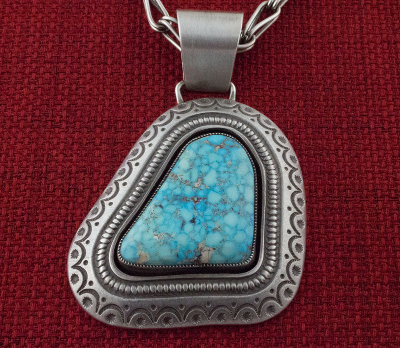 Handmade Sterling Silver Chain Link Necklace With Natural Birdseye Turquoise Pendant