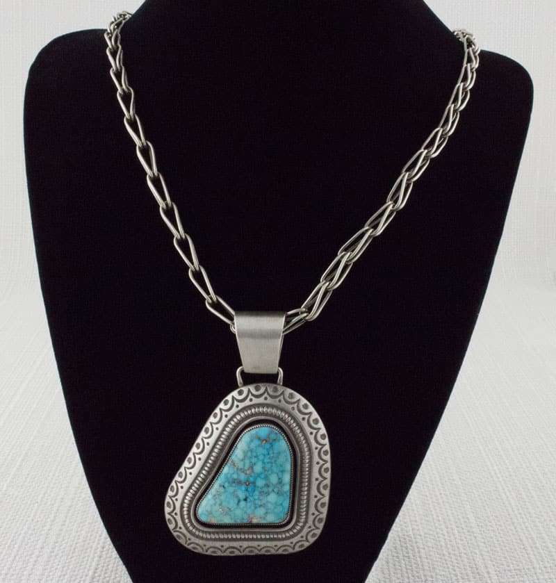 Handmade Sterling Silver Chain Link Necklace With Natural Birdseye Turquoise Pendant