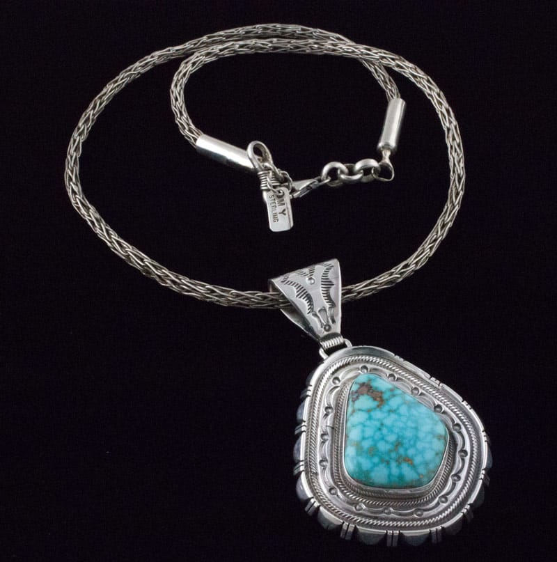 Hand Braided Sterling Silver Chain Necklace With Natural Birdseye Kingman Turquoise Pendant