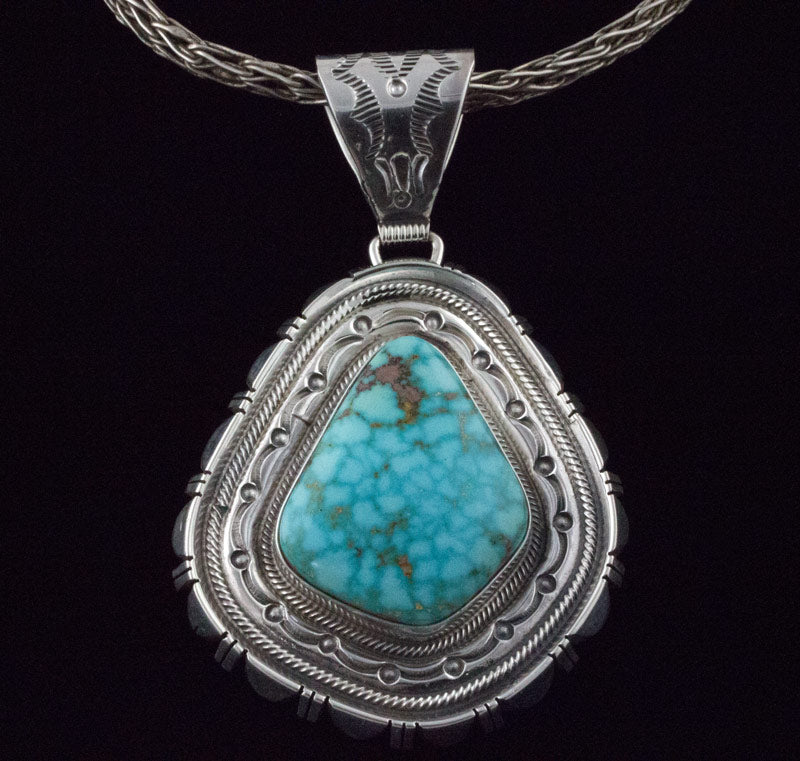 Hand Braided Sterling Silver Chain Necklace With Natural Birdseye Kingman Turquoise Pendant