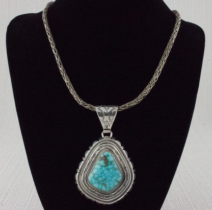 Hand Braided Sterling Silver Chain Necklace With Natural Birdseye Kingman Turquoise Pendant