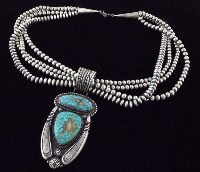 Handmade 4-Strand Sterling Silver Bead Necklace With Natural Birdseye Kingman Turquoise Pendant