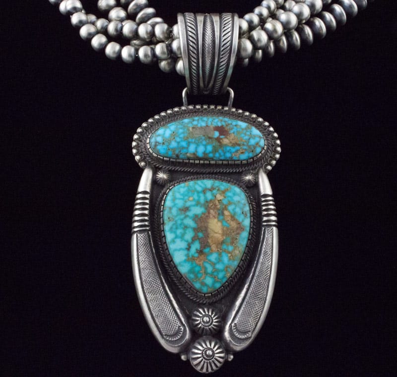 Handmade 4-Strand Sterling Silver Bead Necklace With Natural Birdseye Kingman Turquoise Pendant