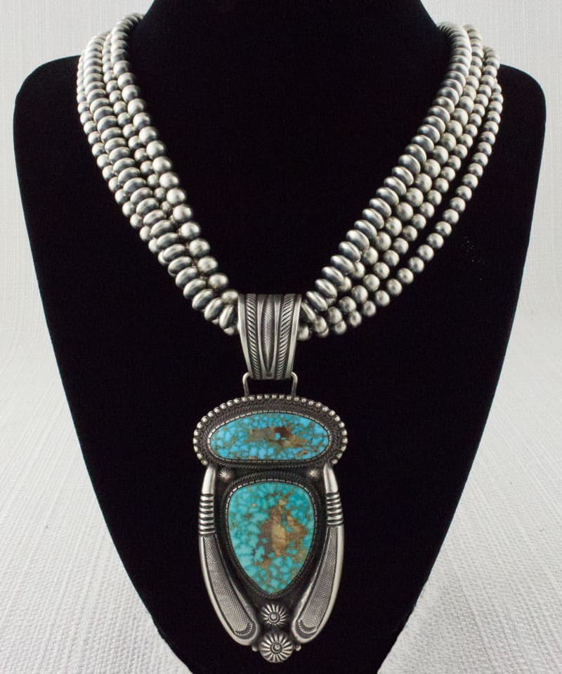 Handmade 4-Strand Sterling Silver Bead Necklace With Natural Birdseye Kingman Turquoise Pendant