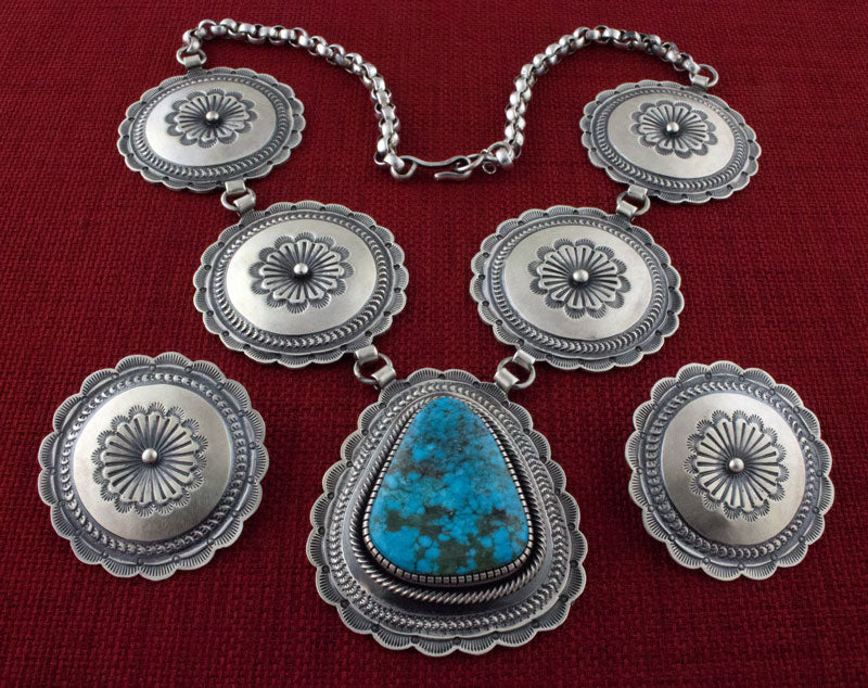 Concho Necklace With Natural Birdseye Kingman Turquoise Pendant And Matching Concho Earrings