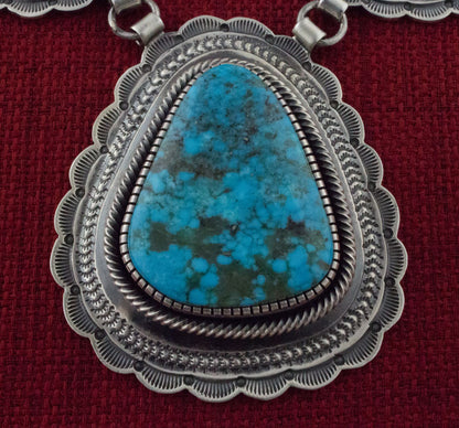 Concho Necklace With Natural Birdseye Kingman Turquoise Pendant And Matching Concho Earrings